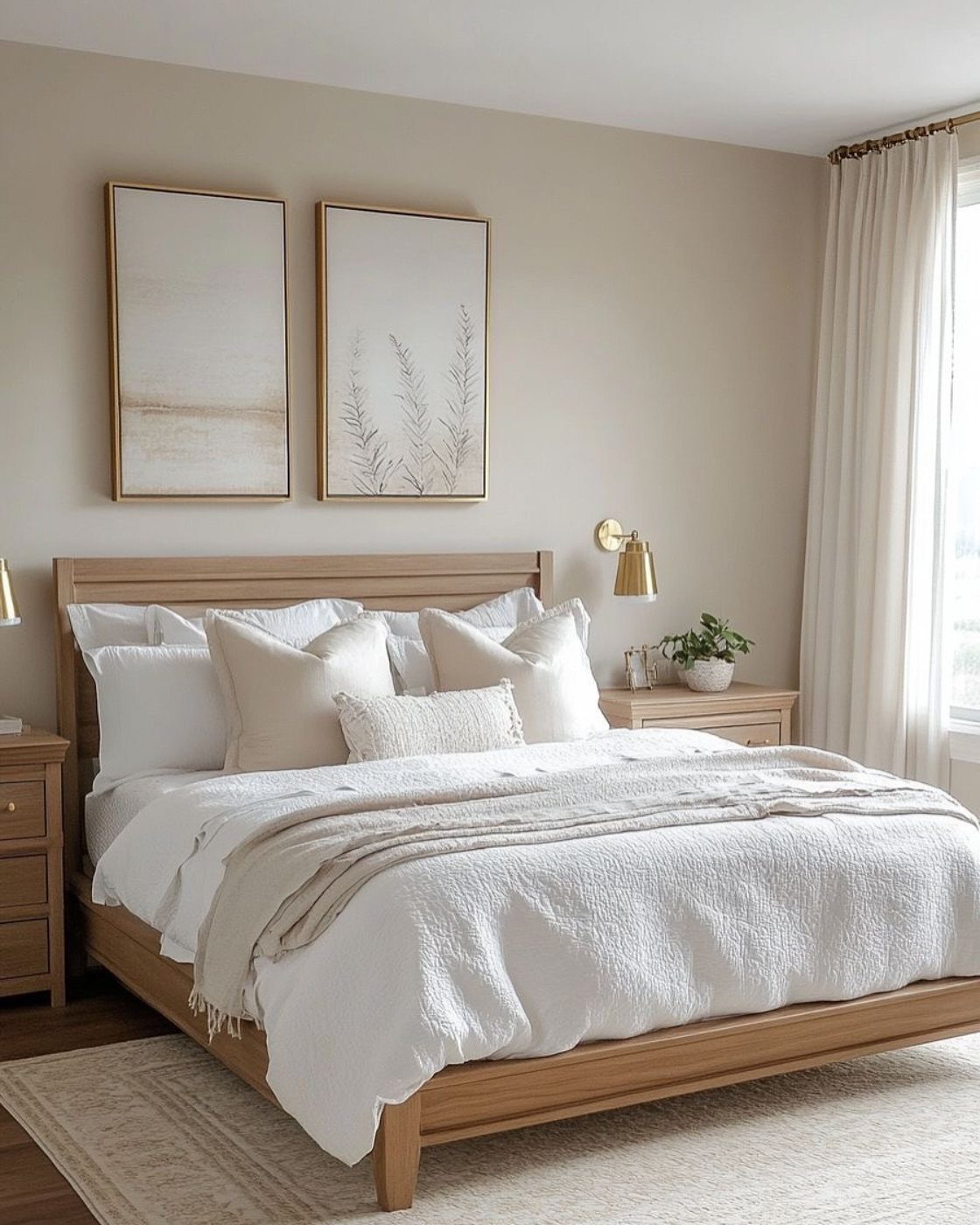 A cozy bedroom with light wood furniture, white linens, and warm neutral wall tones.
