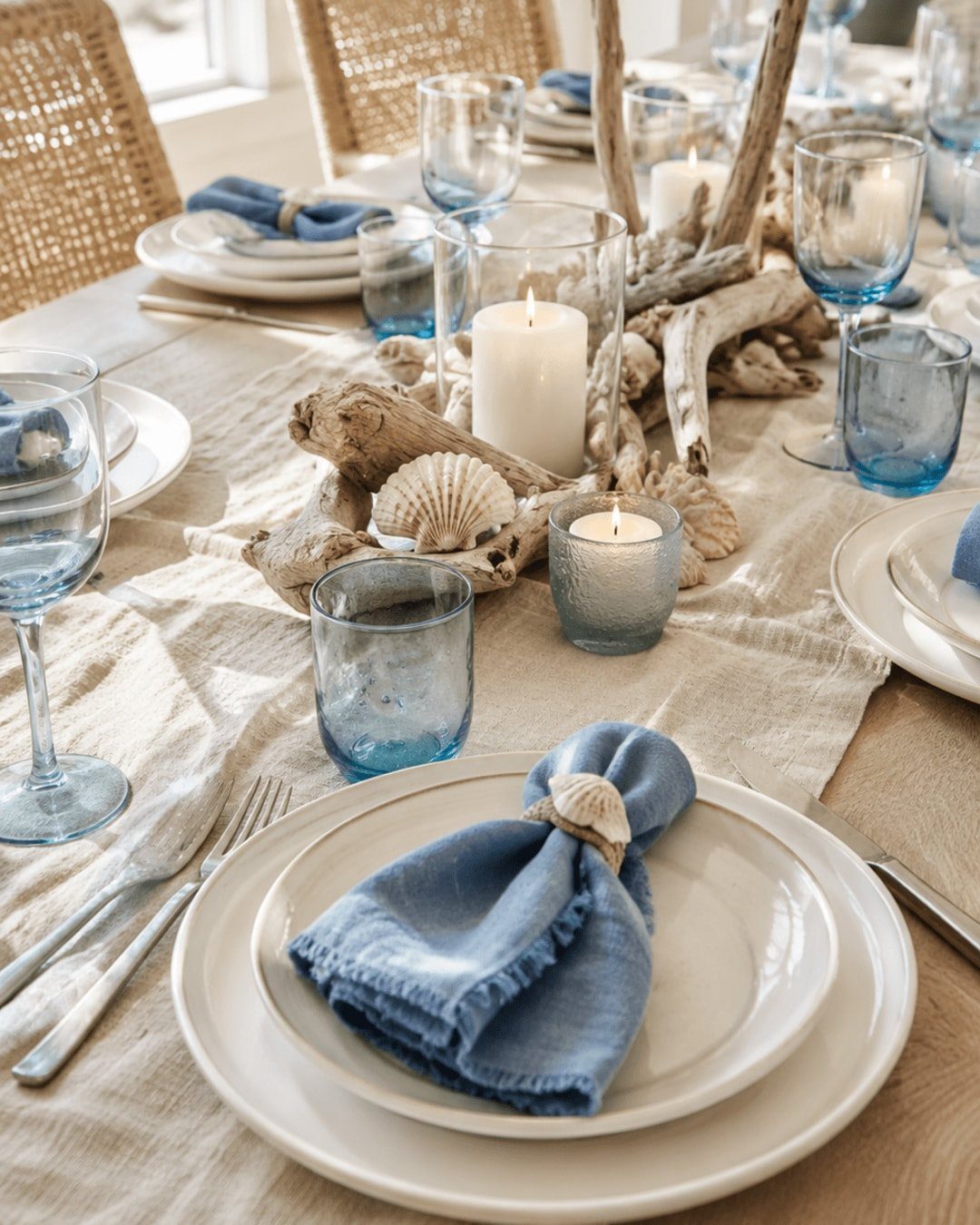 Coastal summer tablescape with blue glassware, white plates, driftwood, seashells, and lit candles on linen.