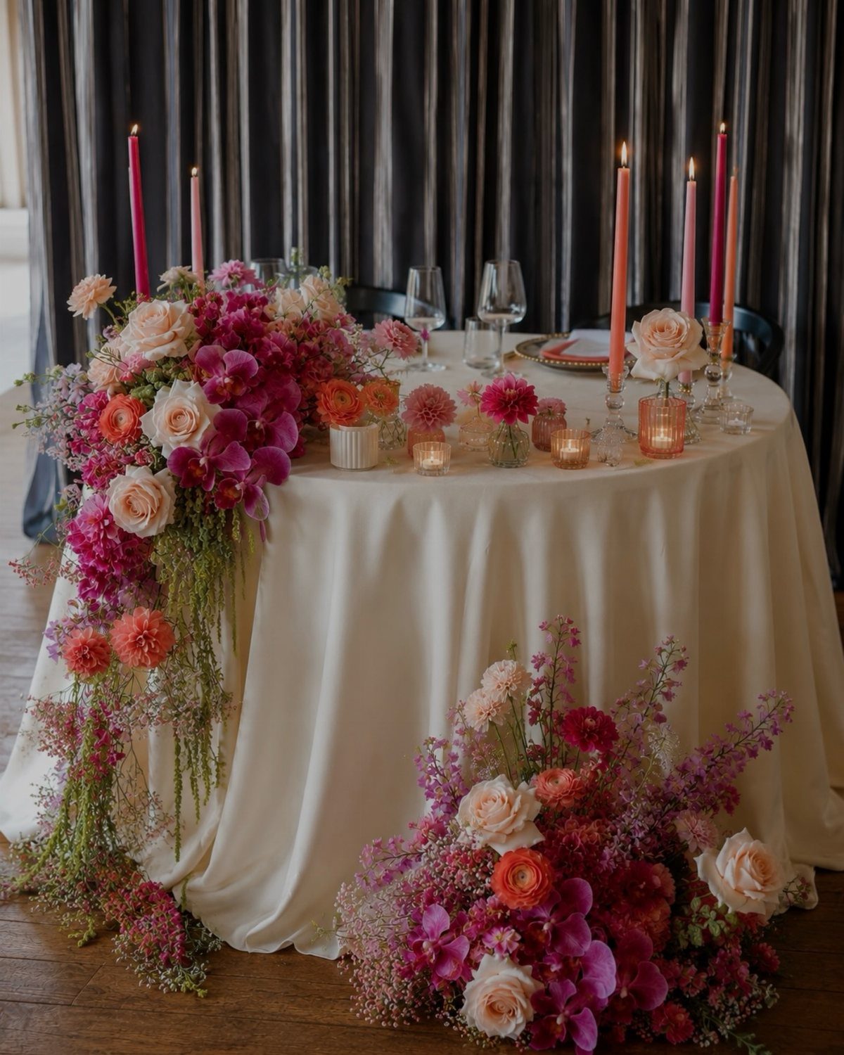 Lush pink and peach floral arrangements decorating a cream tablecloth with tall taper candles.
