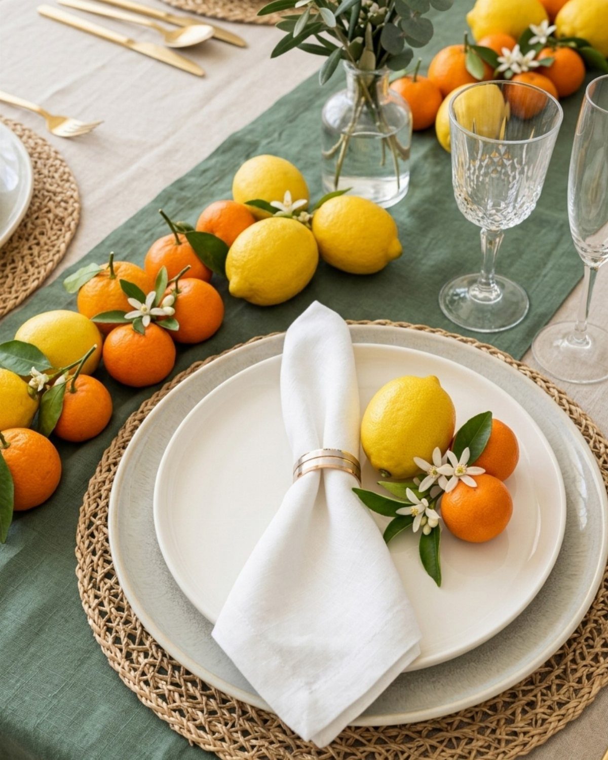 A summer tablescape with lemons, tangerines, green linen, and white plates on woven placemats.