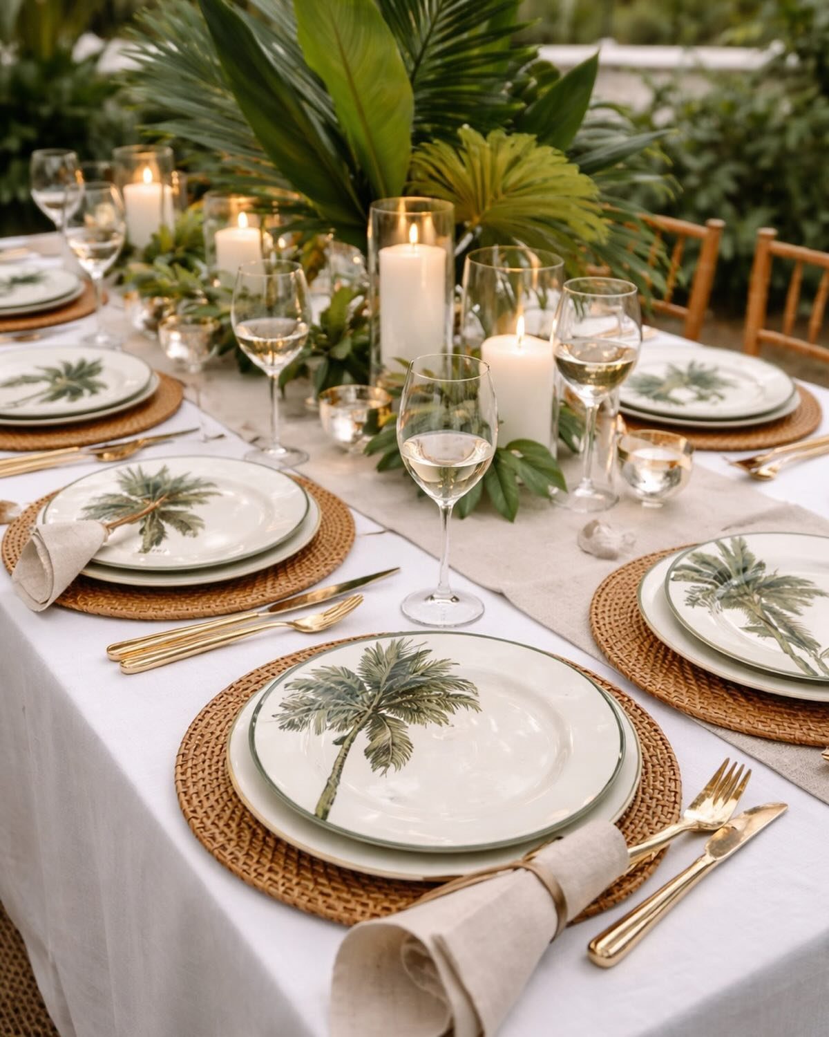 Tropical tablescape with palm leaf centerpieces, white candles, and palm tree patterned plates on a linen cloth.