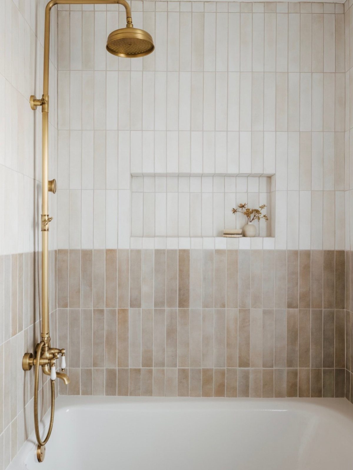 Gold shower fixtures mounted on white and taupe tiled walls above a white bathtub.