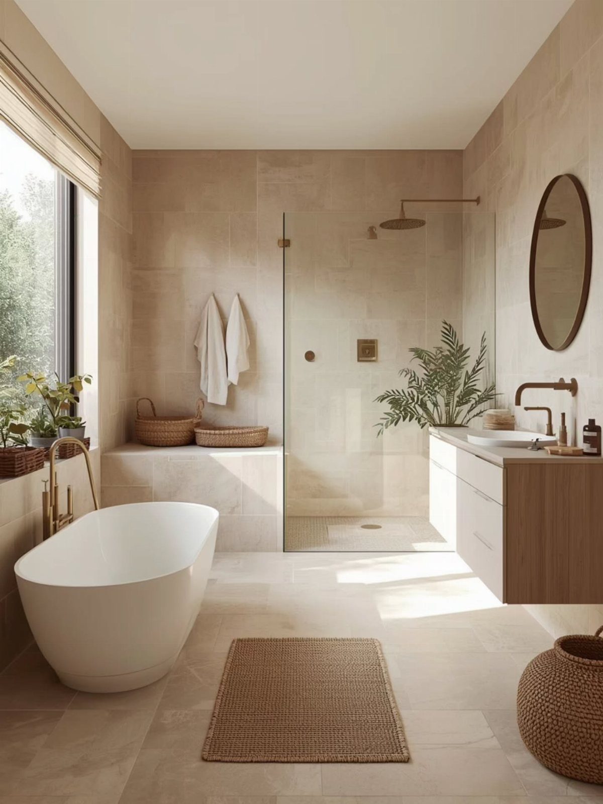 Minimalist bathroom with a white freestanding tub, taupe tiled walls, and a glass shower enclosure.