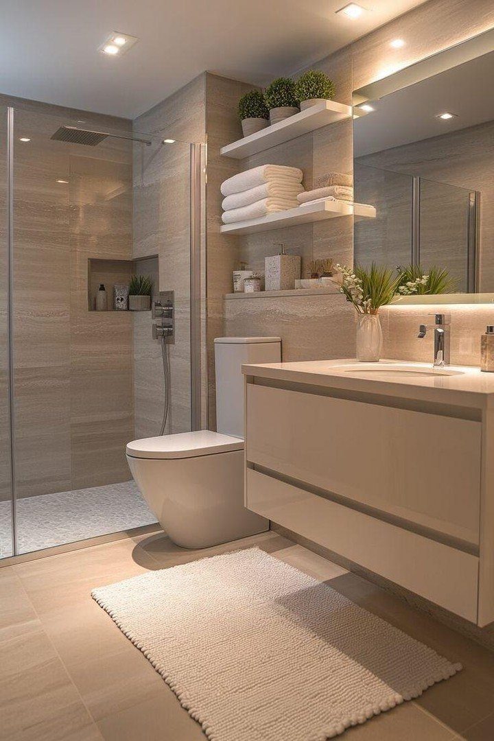 Modern bathroom with taupe tiled walls, white toilet, floating vanity, and greenery on shelves.