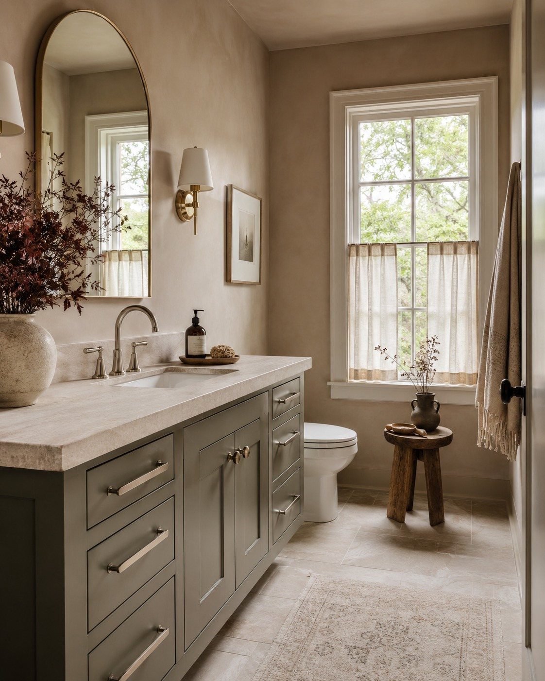 Taupe bathroom with grey vanity, arched mirror, and natural light from a window.