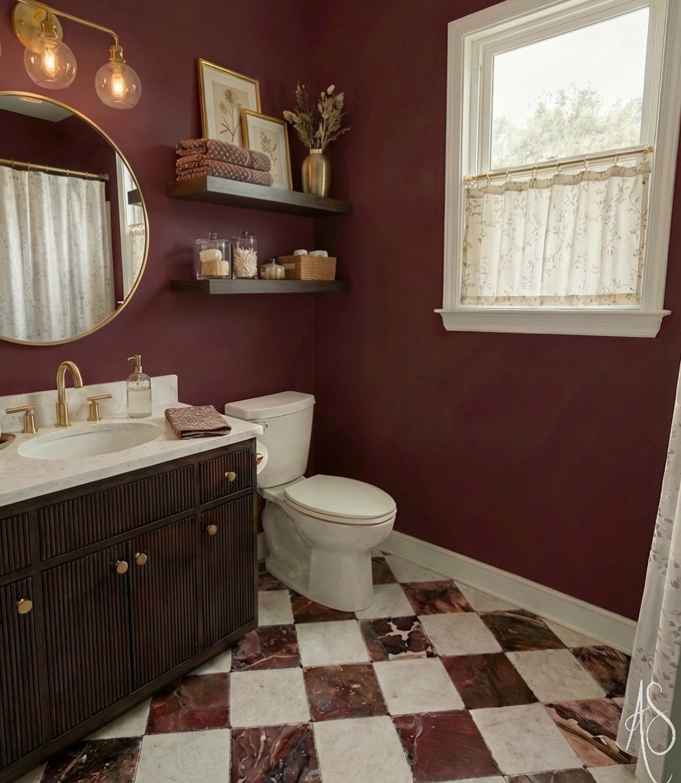 Burgundy bathroom walls with a dark wood vanity and checkered marble floor tiles.