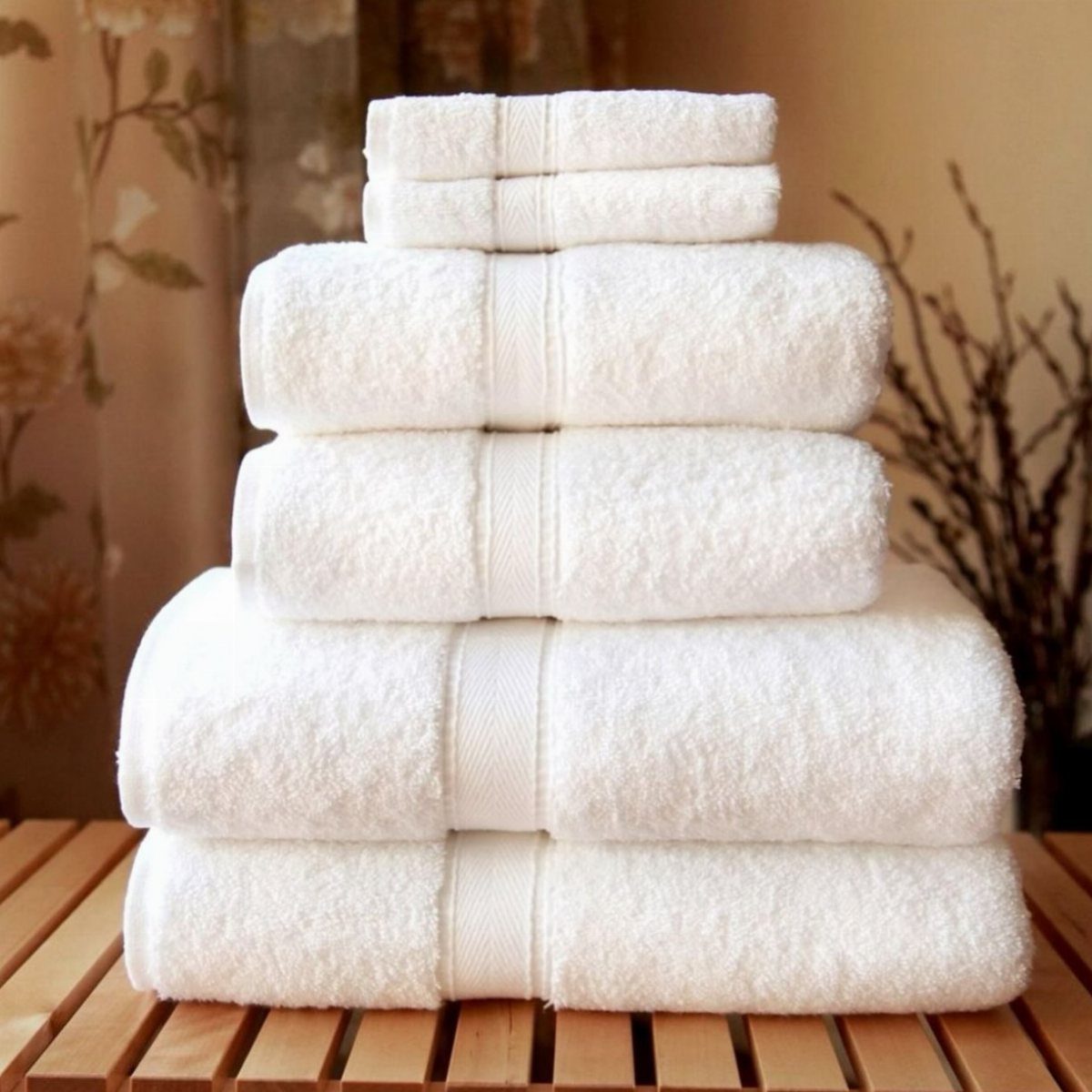 Stacked plush white towels resting on a wooden slatted surface against a warm background.