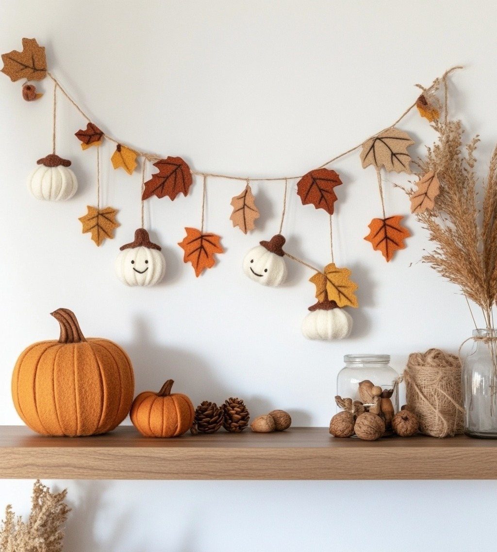 Felt autumn leaf and smiling pumpkin garland hanging above a wooden shelf with pumpkins.