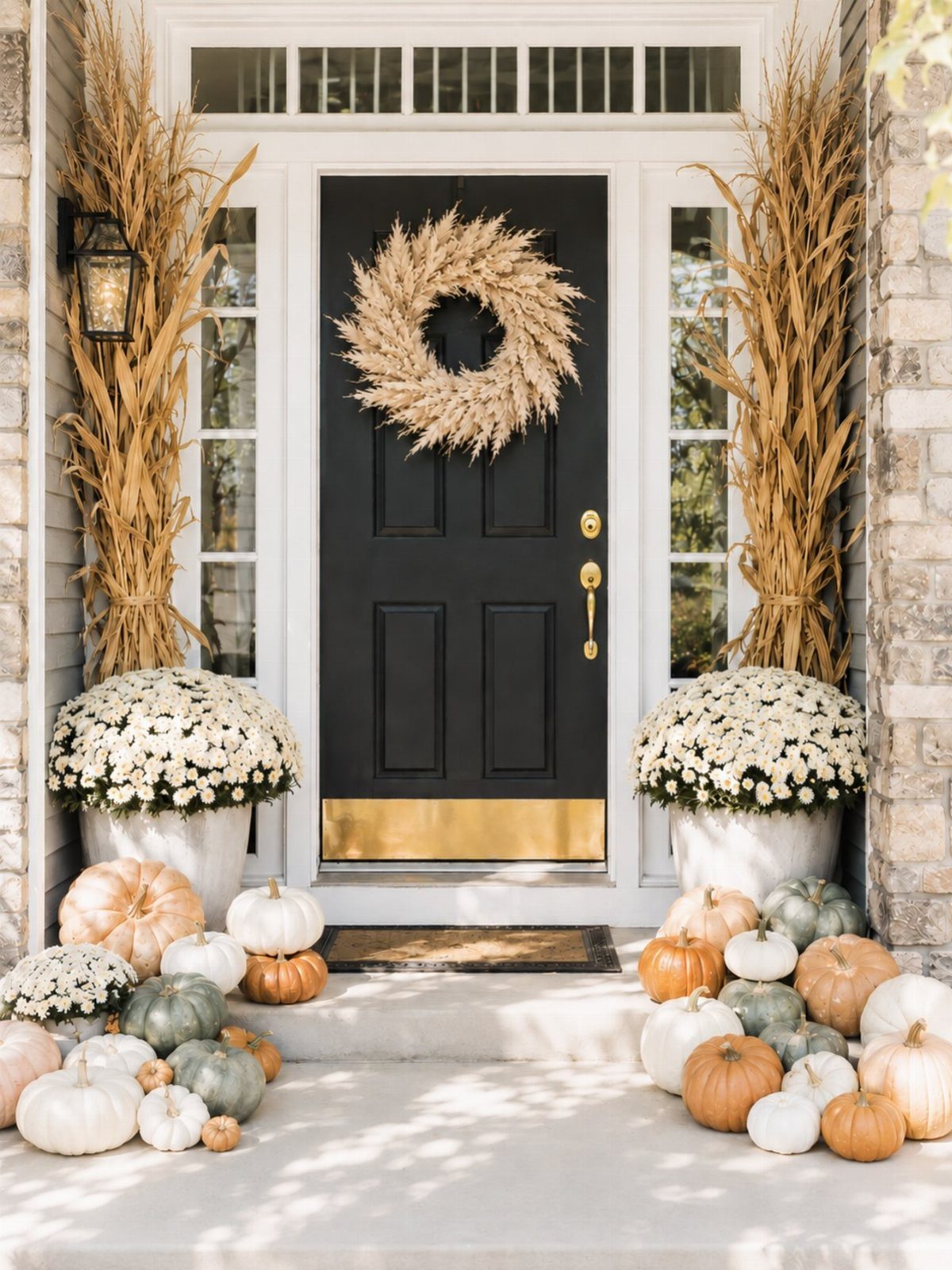 Dried corn stalks flanking a black front door decorated with a wreath and pumpkins.