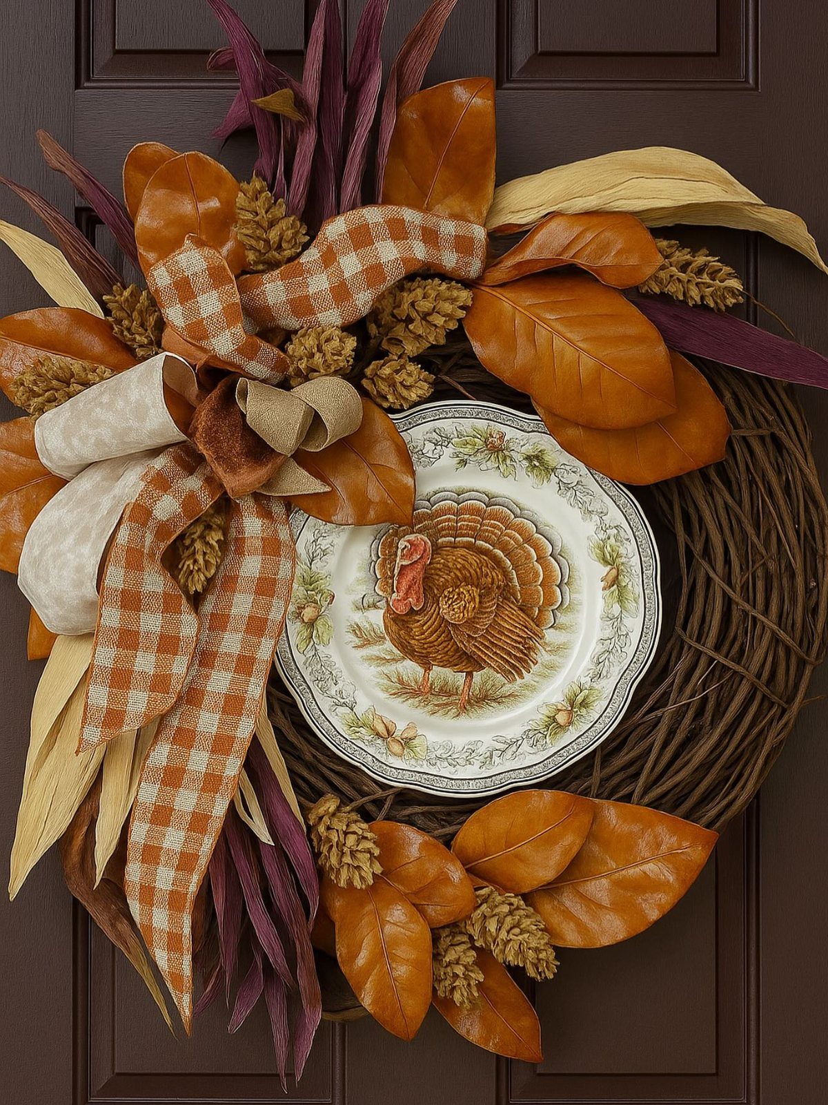 A grapevine wreath with orange leaves, plaid bows, and a turkey plate on a dark door.