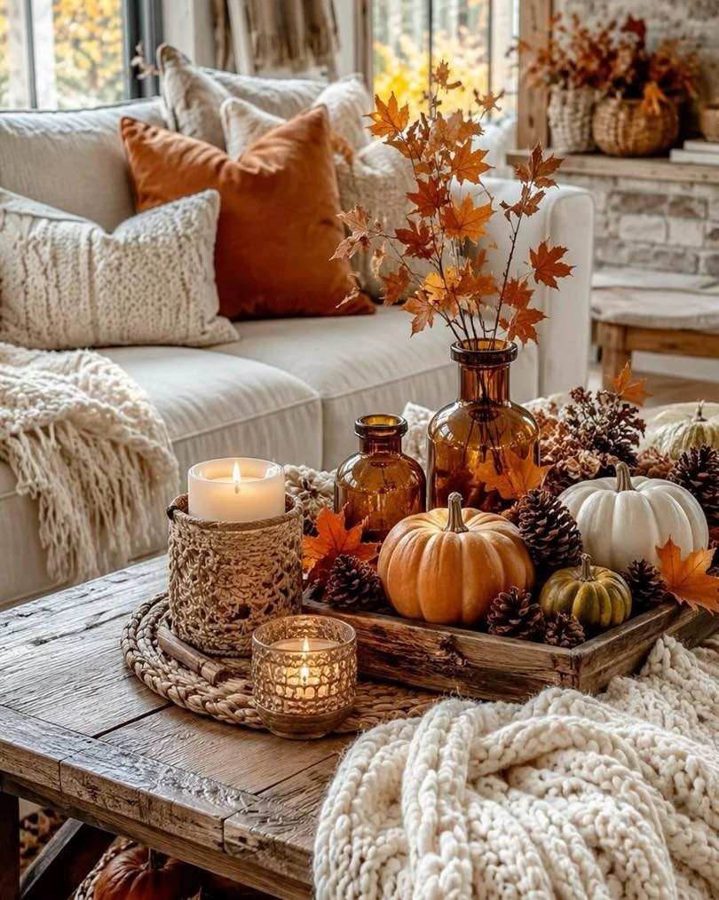 Autumnal coffee table decor with pumpkins, candles, pinecones, and a chunky knit blanket.