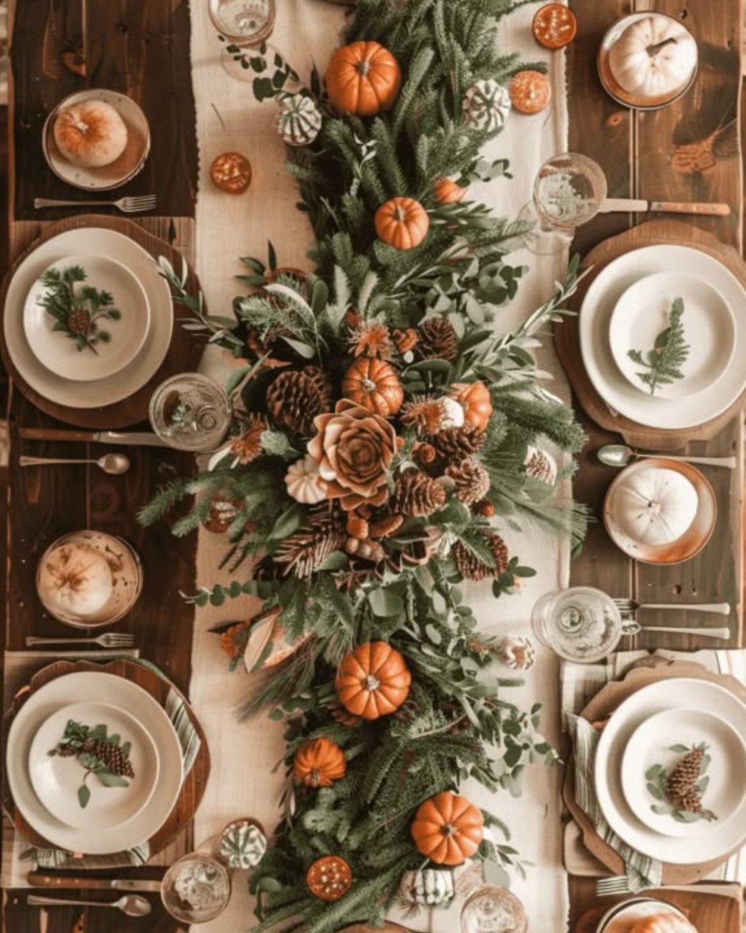 Top-down view of a festive dining table with evergreen garland, pumpkins, and layered place settings.