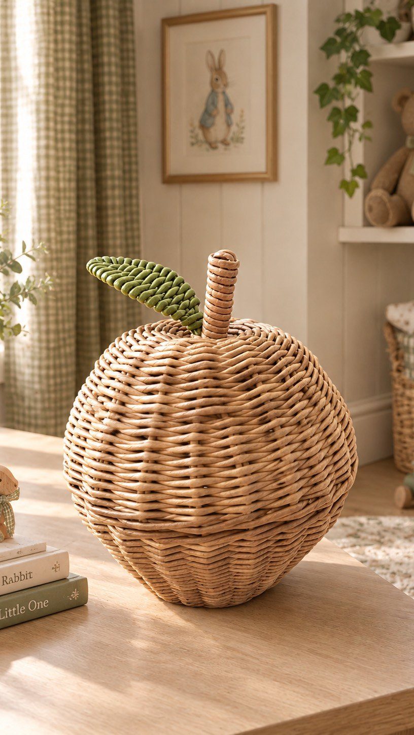 A large wicker basket shaped like an apple sitting on a wooden table.