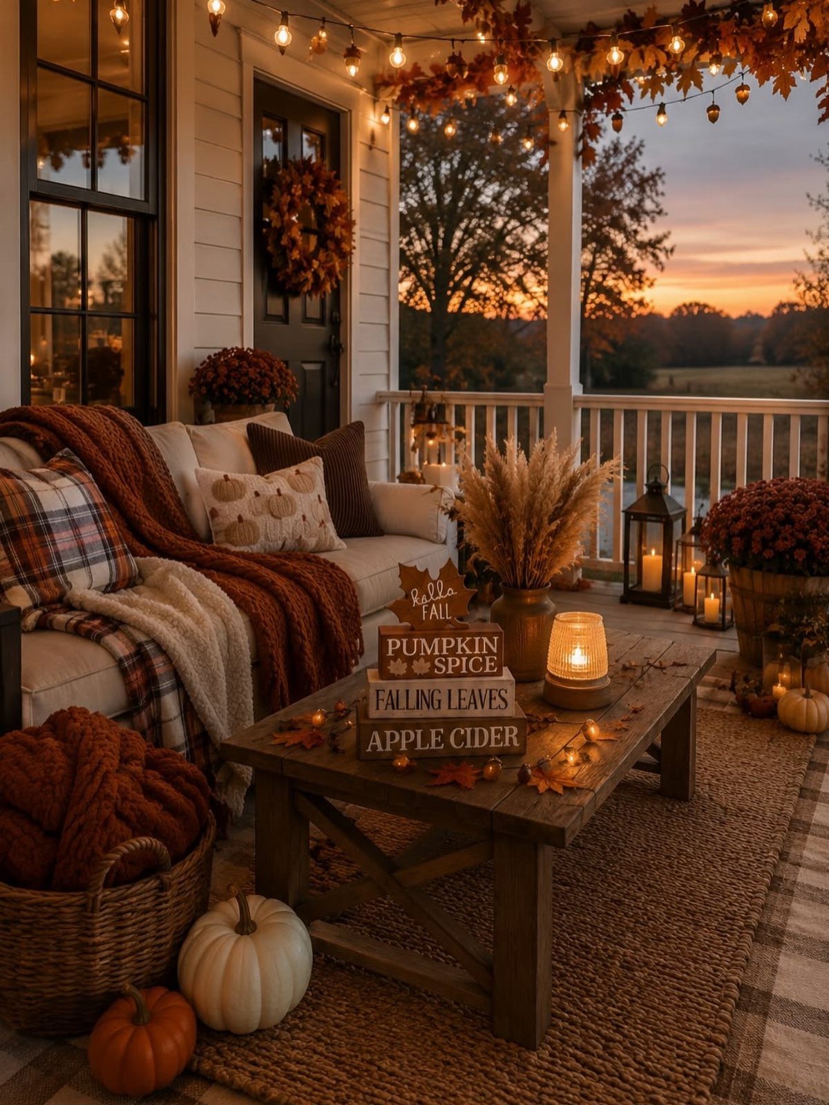 Cozy porch decorated with lanterns, string lights, pumpkins, and warm textiles at sunset.