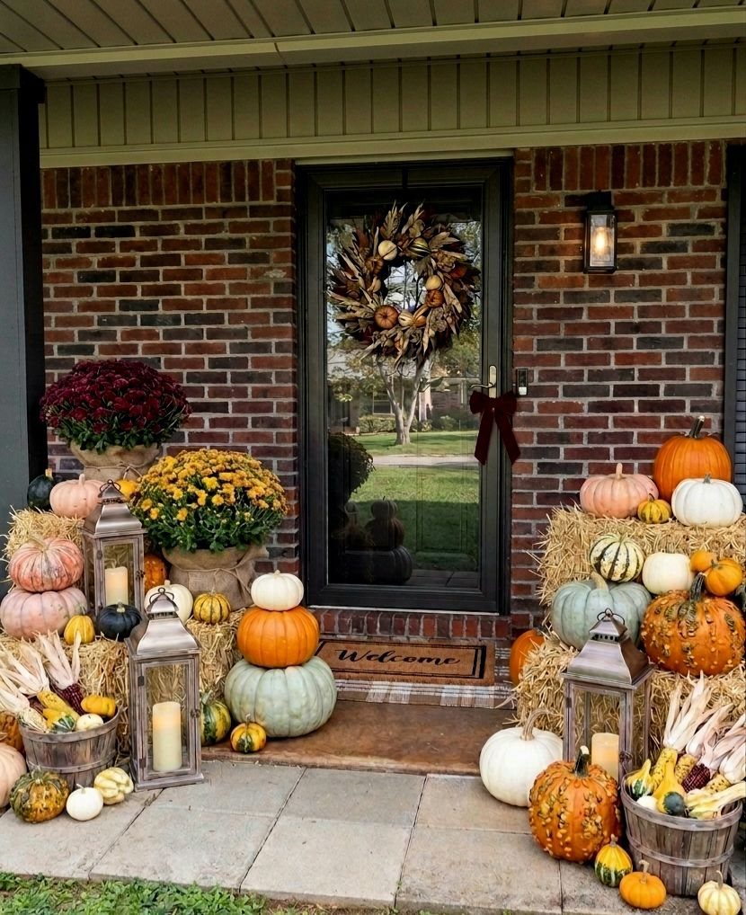A decorated front porch with pumpkins, hay bales, lanterns, and a wreath on the door.