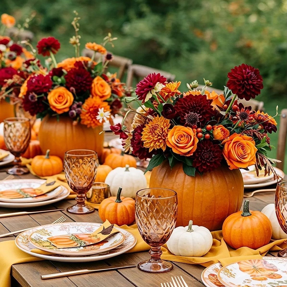 Pumpkin centerpieces with orange and red flowers on a decorated autumn dining table.