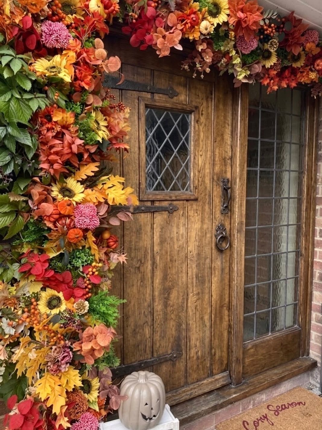 Colorful autumn floral garland framing a rustic wooden front door with a small white pumpkin.