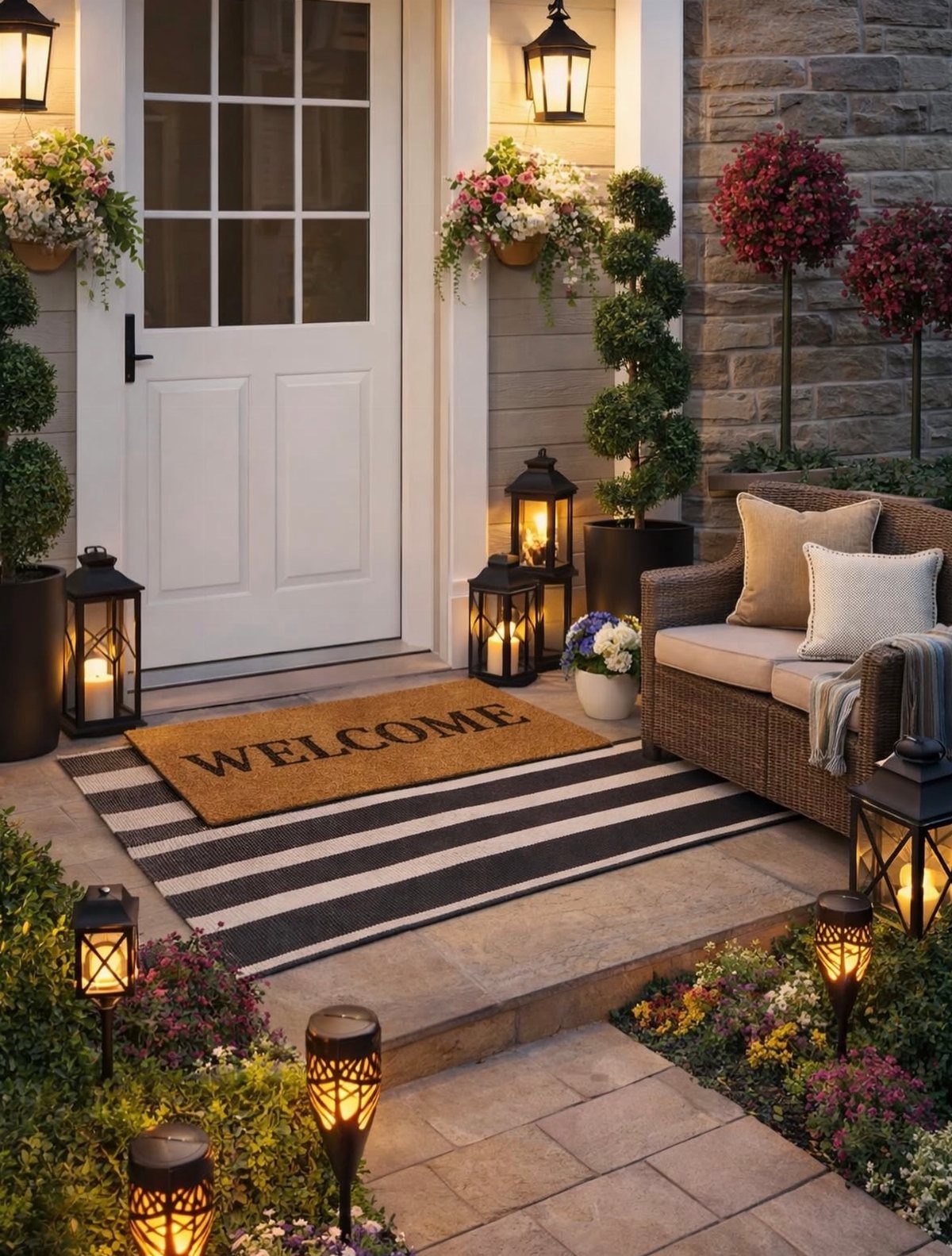 A striped rug layered with a tan welcome doormat on a stone porch entryway.