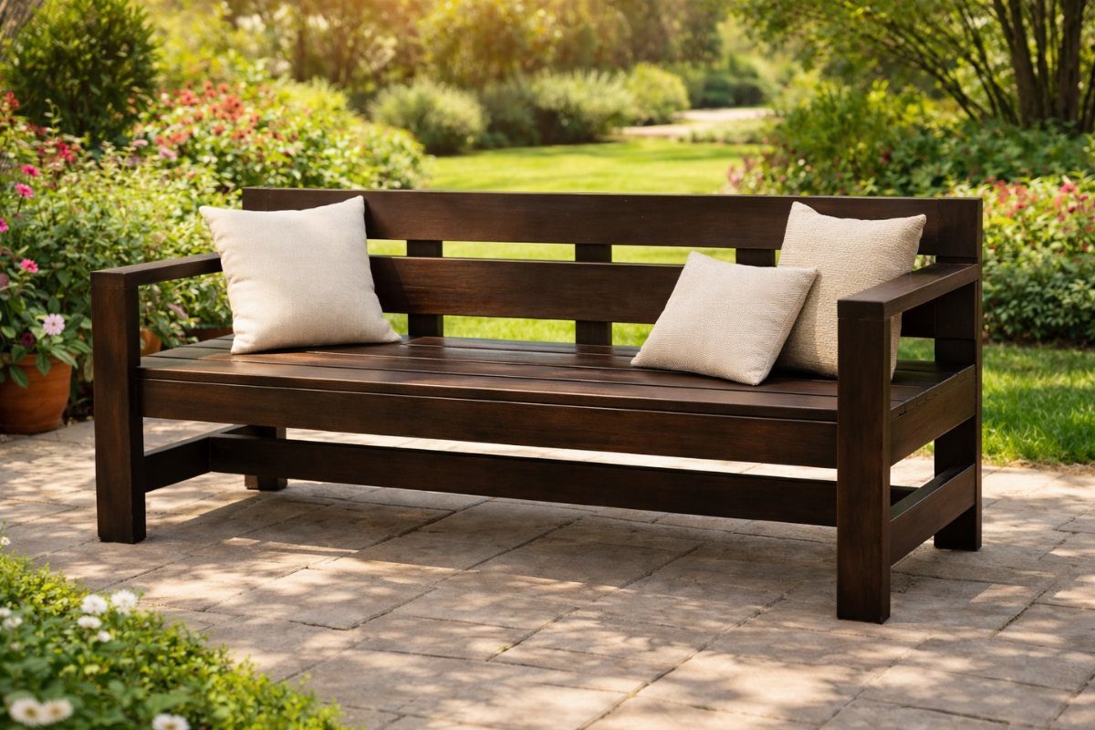 Dark wood outdoor bench with three cream pillows on a stone patio garden setting.