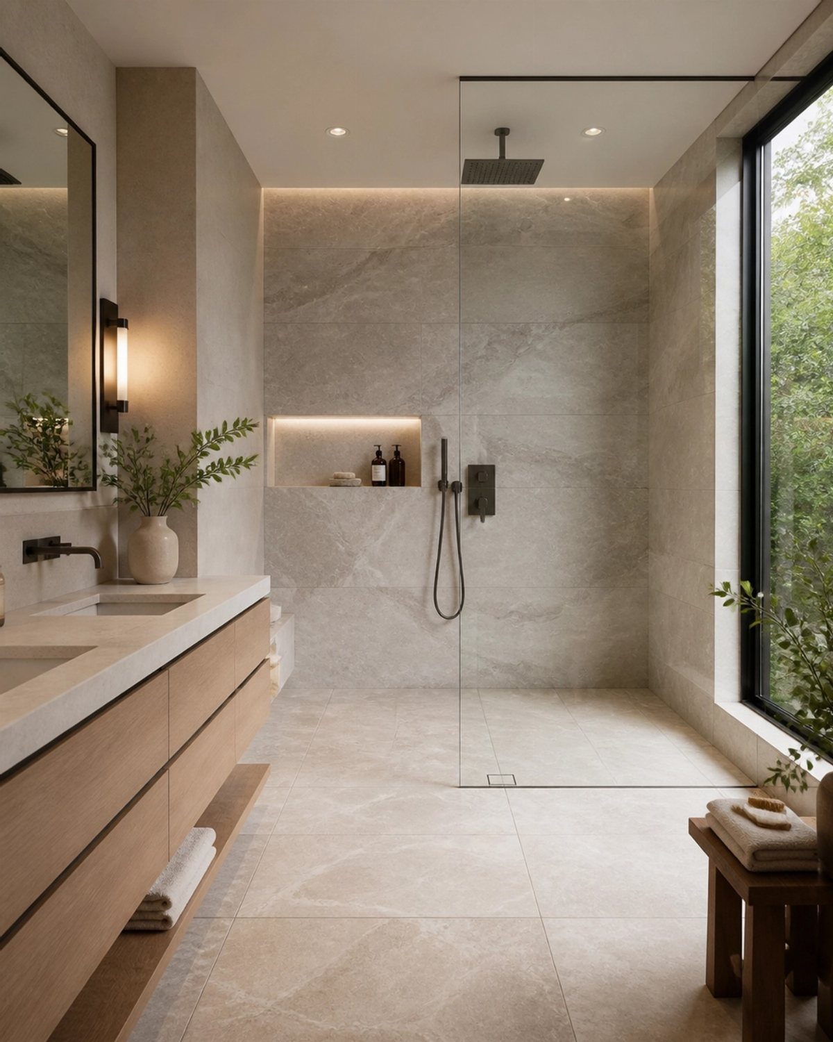 Modern bathroom featuring a seamless walk-in shower and large stone floor tiles.