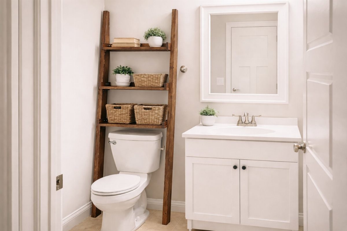 Dark wood ladder shelving unit with baskets and plants positioned above a white toilet.