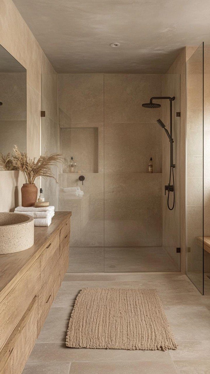 Minimalist bathroom with wooden vanity, stone sink, and a walk-in shower with neutral beige tiling.