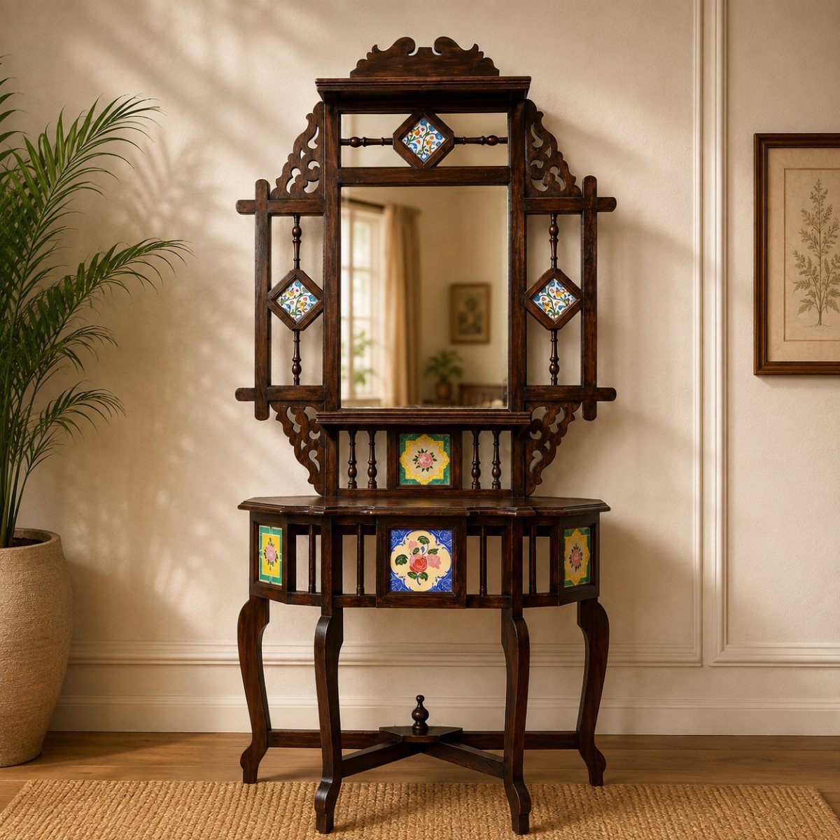 Dark carved wood vanity with an oval mirror and colorful inlaid tile patterns.