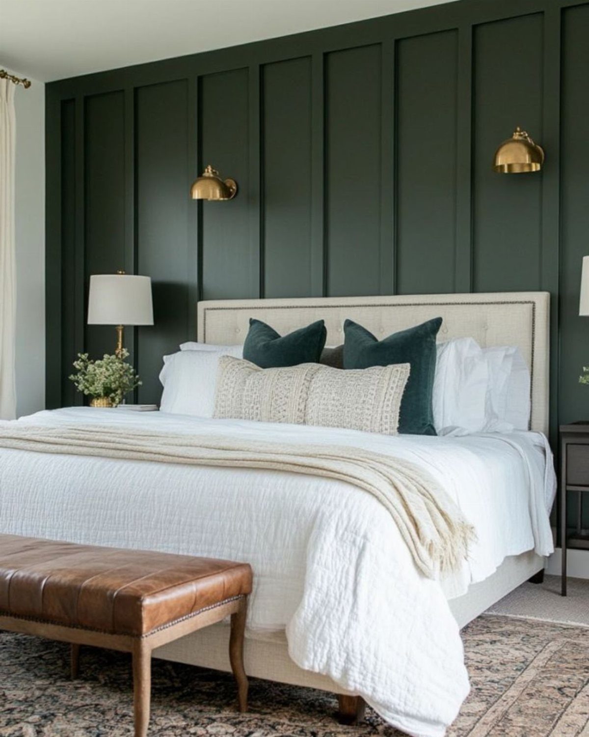 A bed with white linens and green pillows against dark green paneled walls.