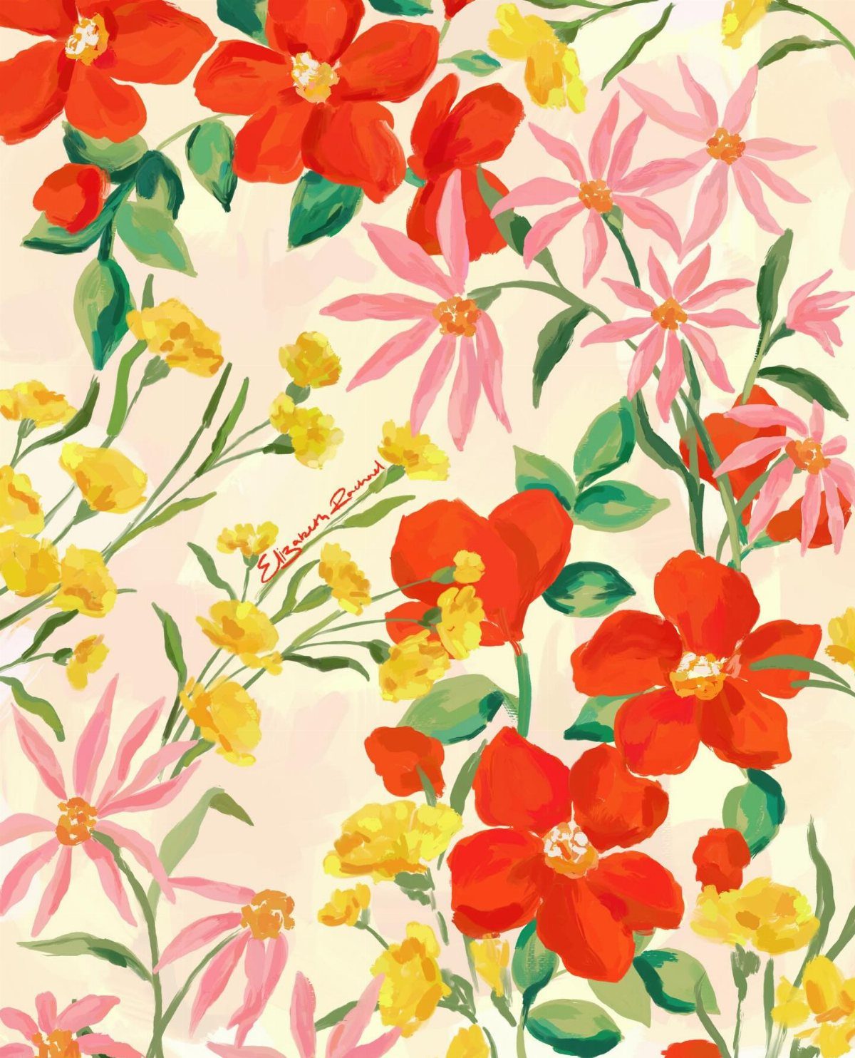 Painterly red, pink, and yellow flowers with green leaves on a peach background.