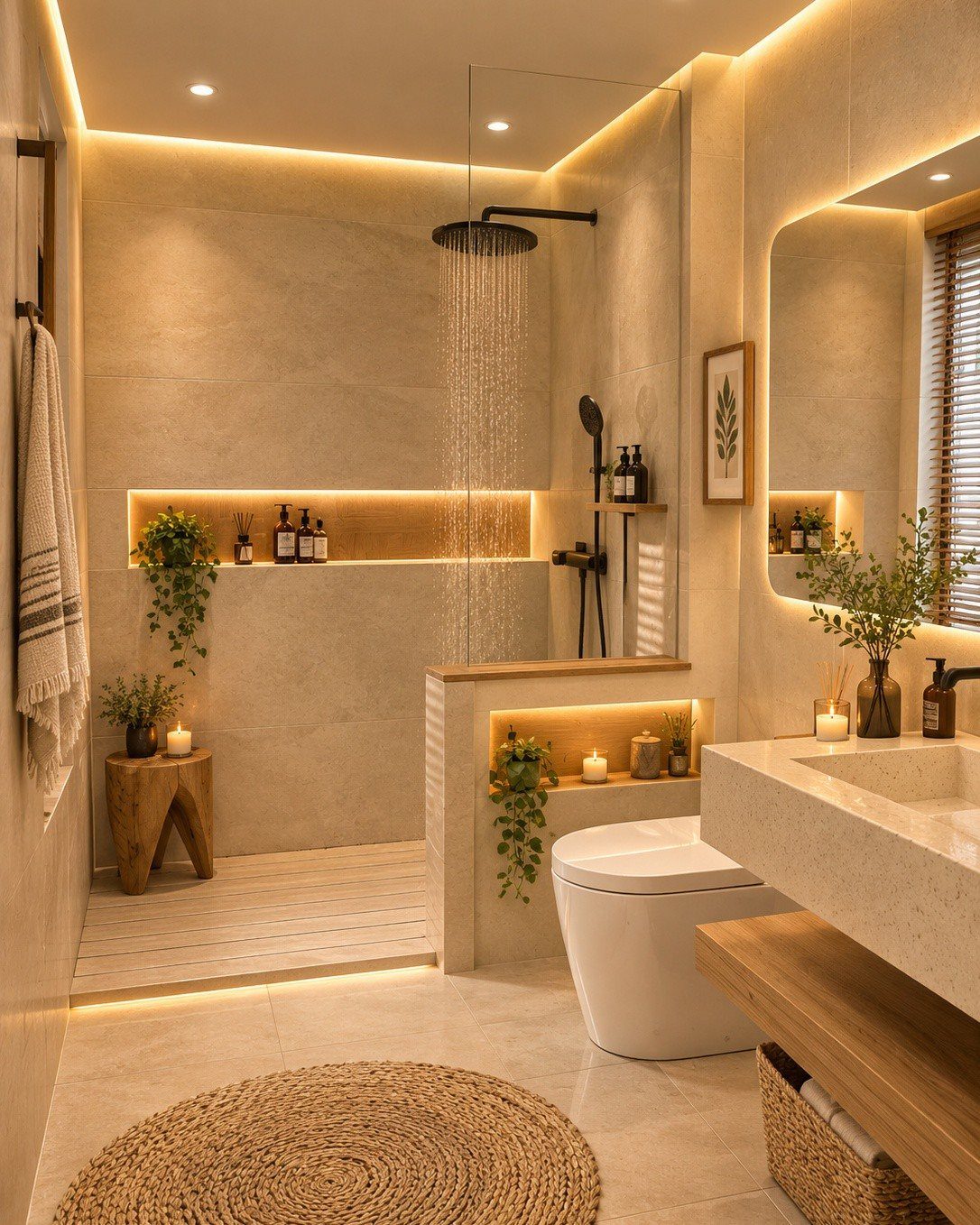 Warm neutral bathroom with recessed lighting, wooden accents, plants, and candles on built-in shelves.