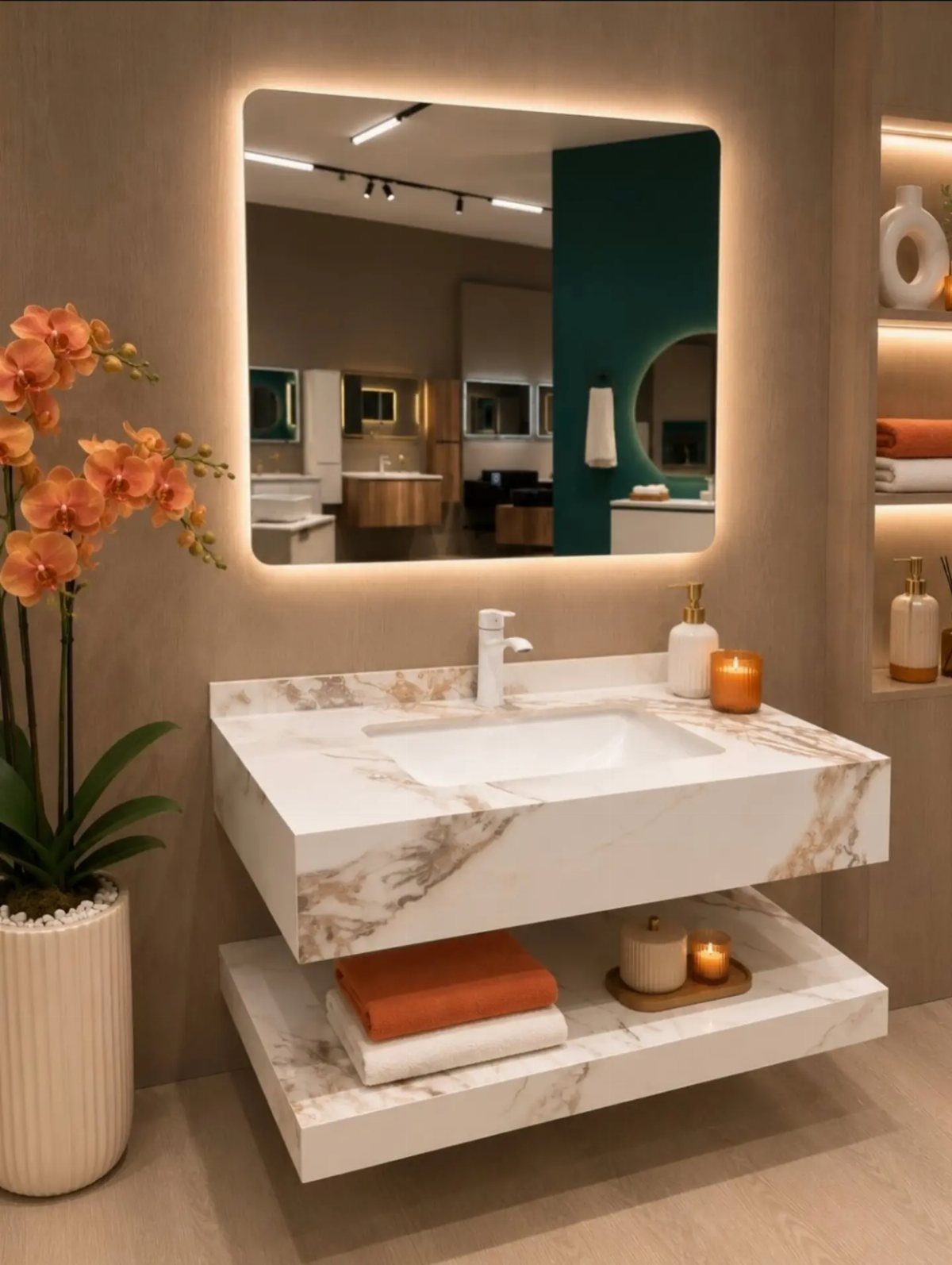 A white marble floating vanity with a backlit mirror and orange orchid decor.