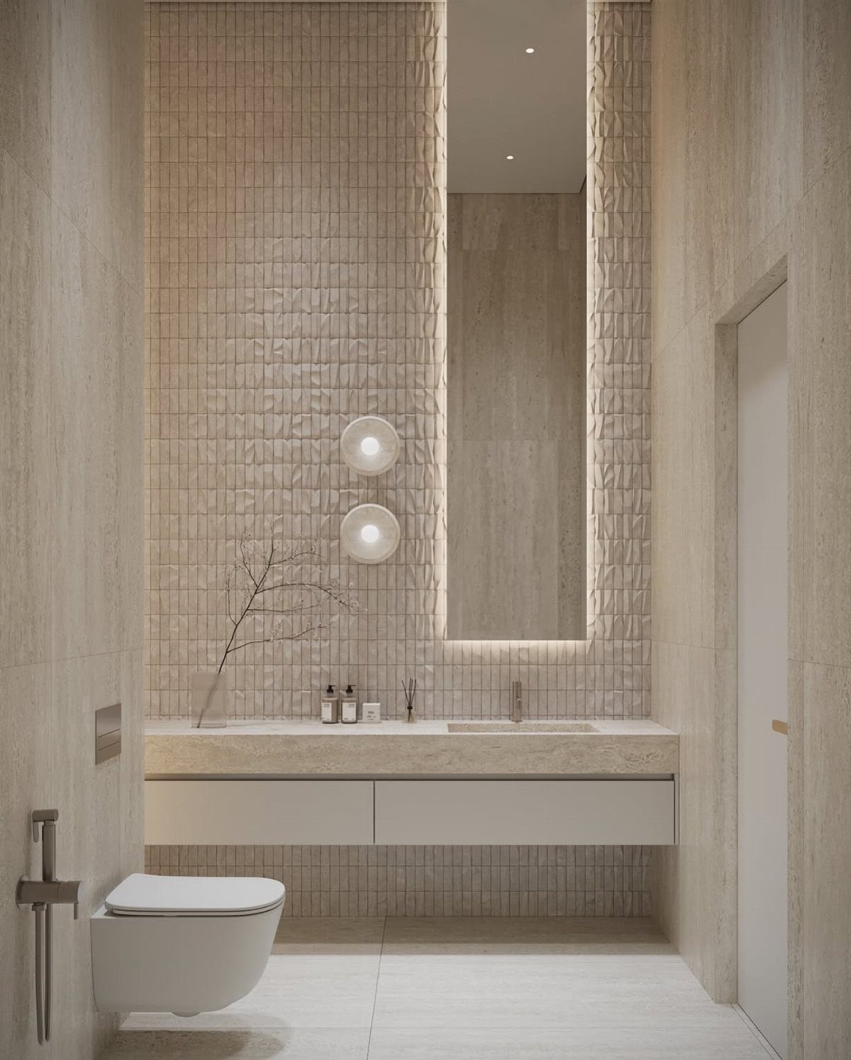 Textured beige tiles cover the walls of a modern, minimalist neutral bathroom.