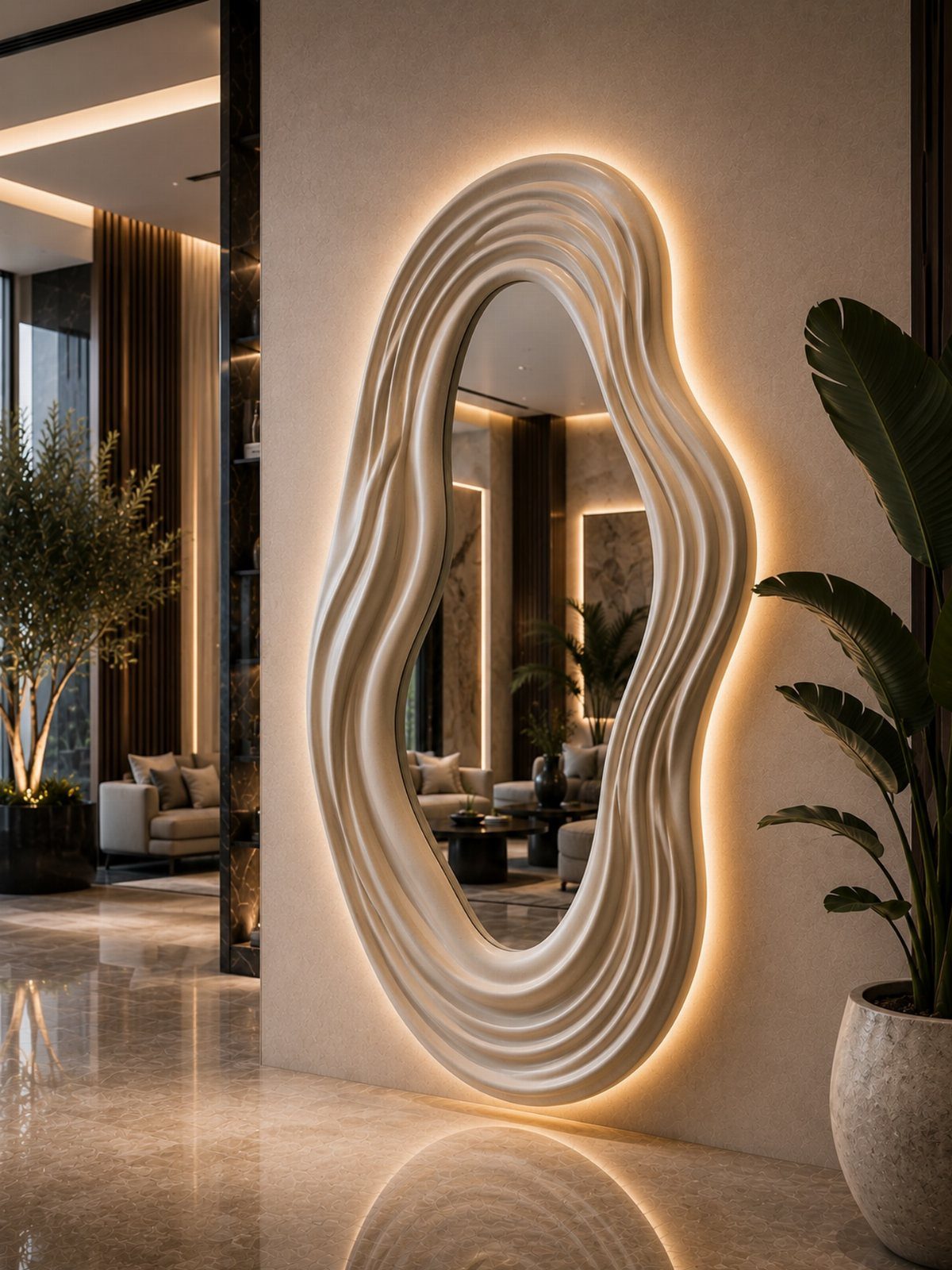 A large, wavy sculptural mirror with warm backlighting mounted on a neutral wall.
