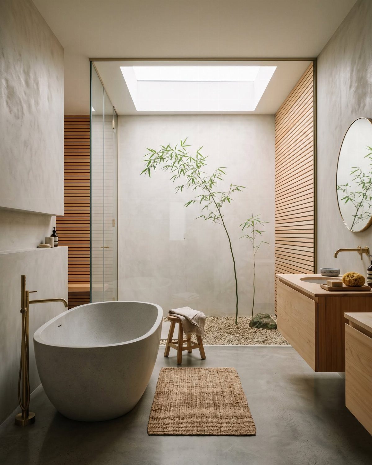 Modern bathroom with a stone tub, wooden vanity, and bamboo plant under a bright skylight.