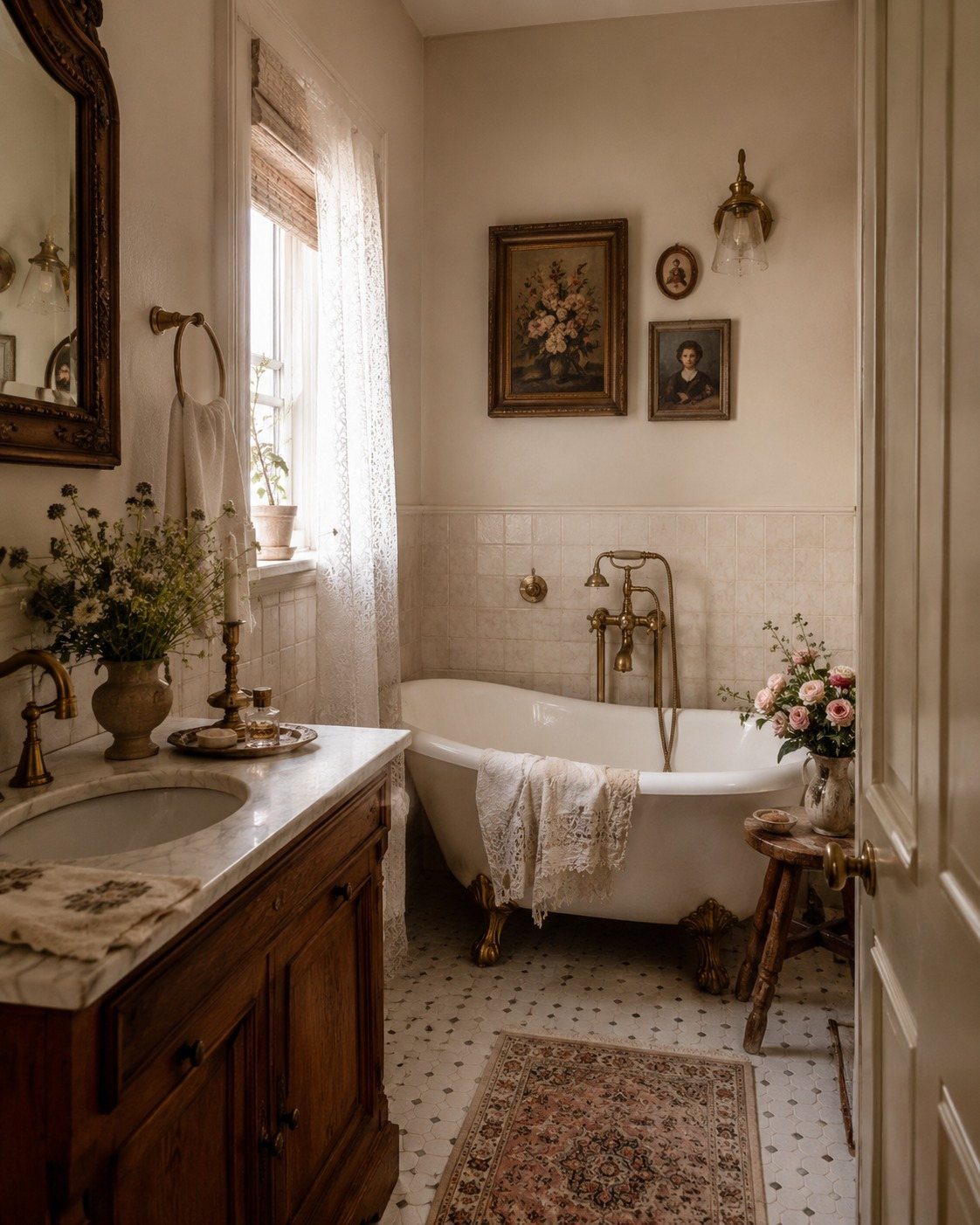 Vintage bathroom with a white clawfoot tub, wooden vanity, and patterned floor tiles.
