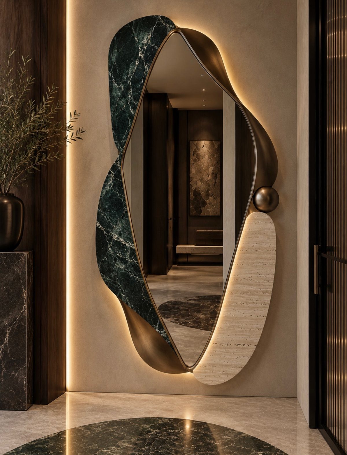 Large asymmetrical sculptural mirror with marble and metal textures hanging on a warm beige wall.