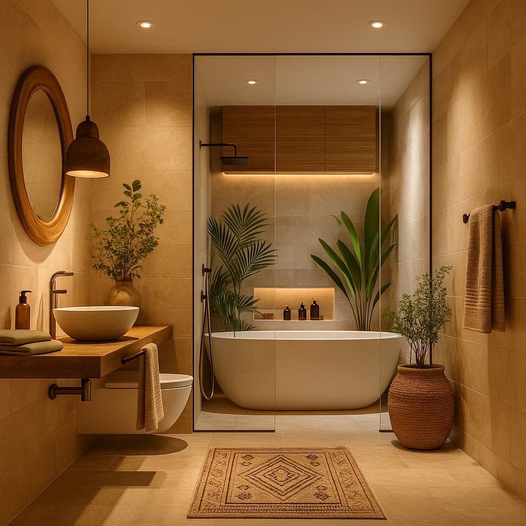 A modern warm neutral bathroom with a freestanding tub, wooden vanity, and lush green plants.