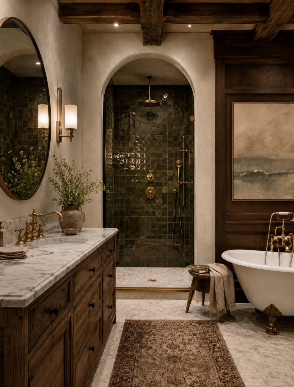 A luxurious bathroom with marble vanities, dark green tiled shower, and a vintage clawfoot tub.