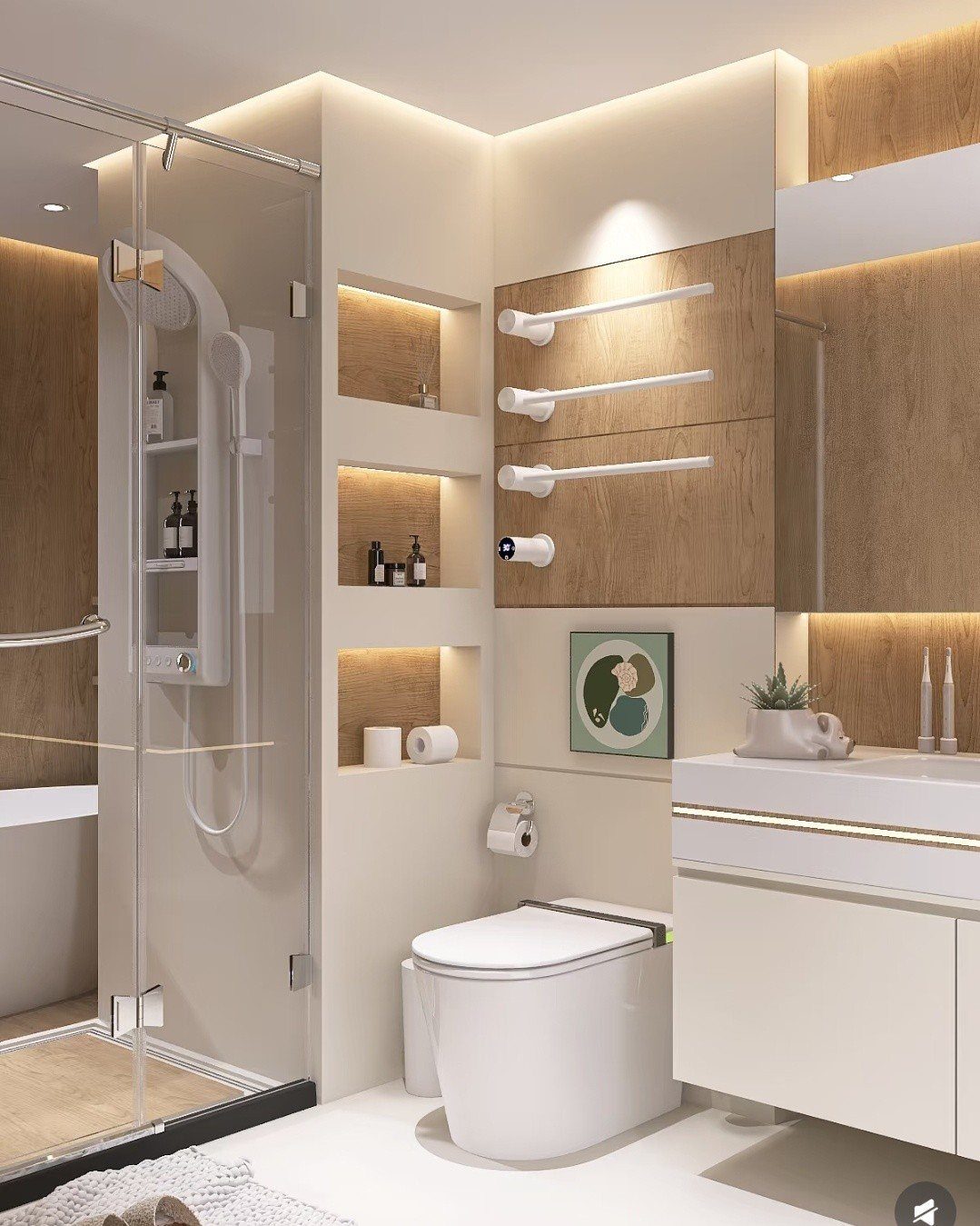 Modern bathroom with warm wood wall panels, illuminated niches, and a white floating vanity.