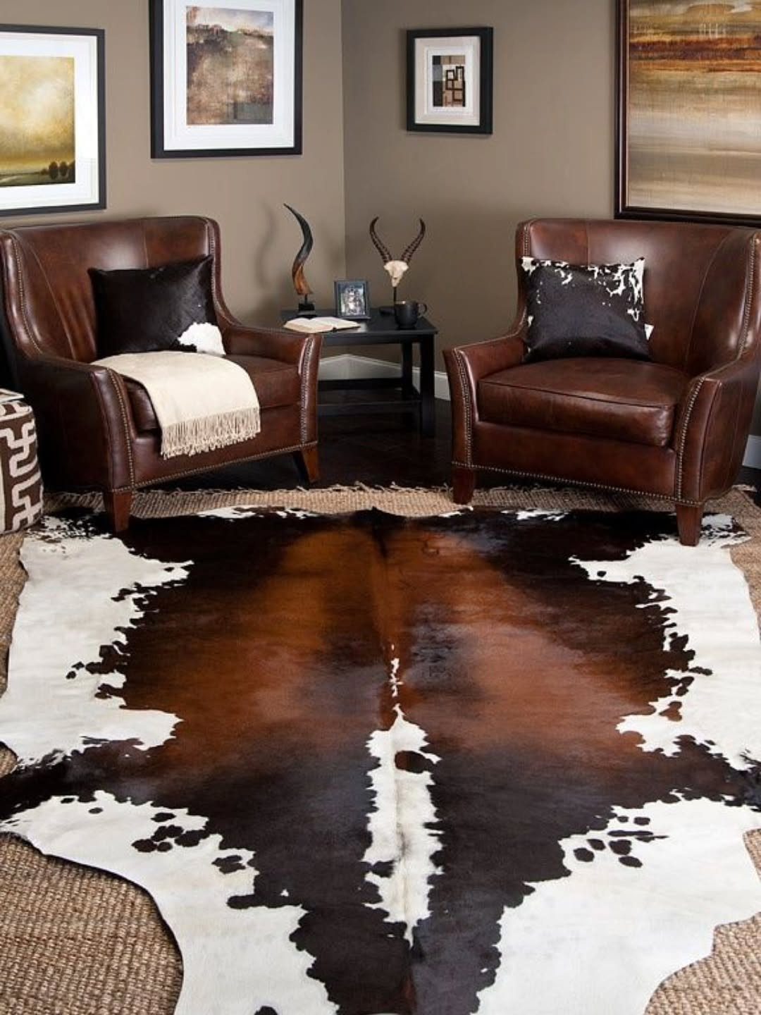 Brown and white cowhide rug placed in a living room with leather armchairs.