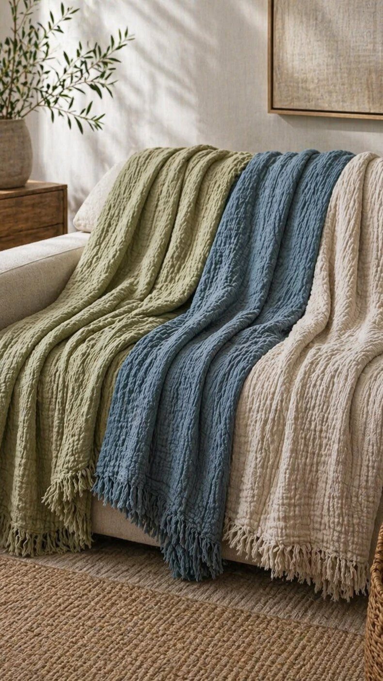 Three textured waffle-knit throw blankets in green, blue, and cream draped over a sofa.