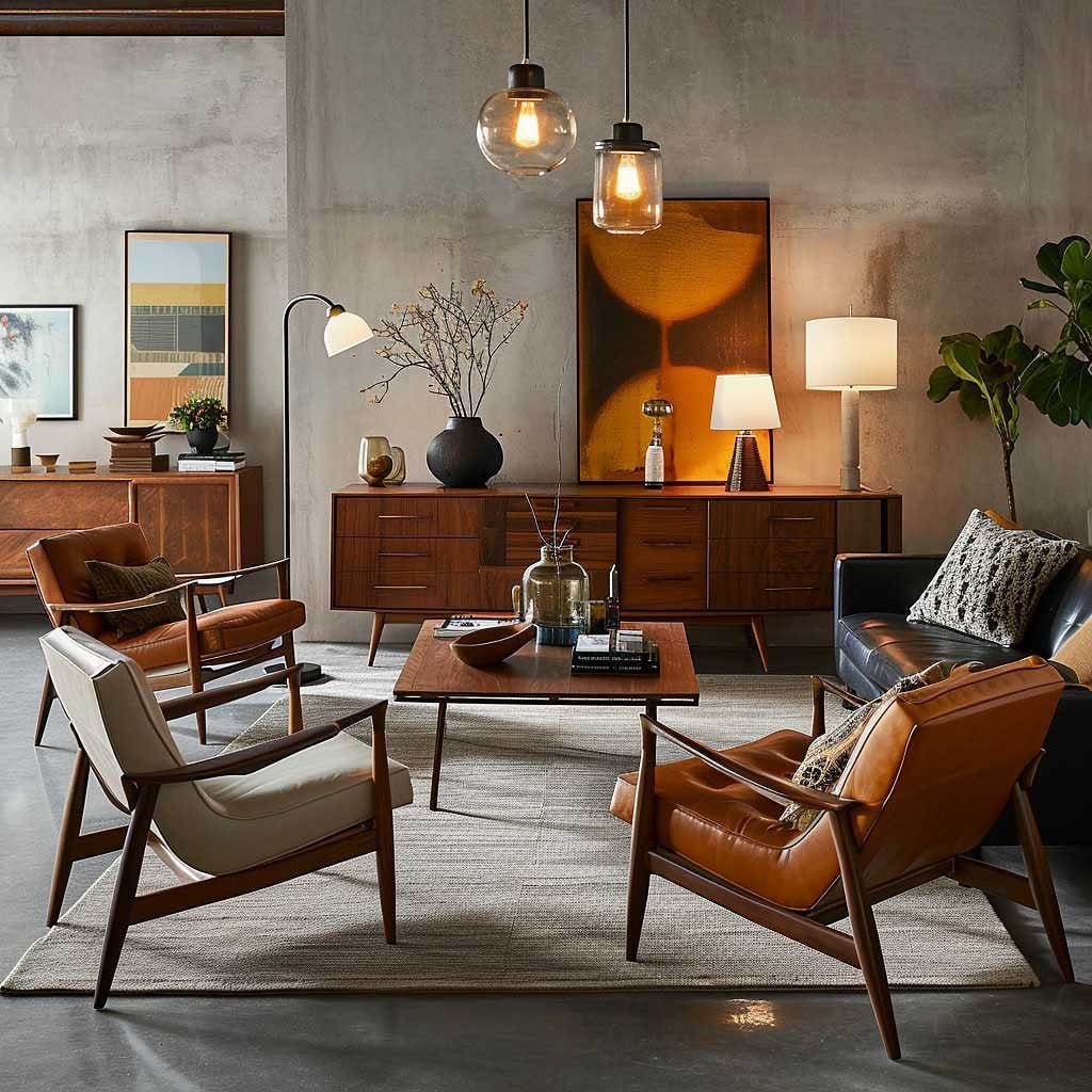 Mid-century modern living room with leather armchairs, wooden furniture, and warm ambient lighting.
