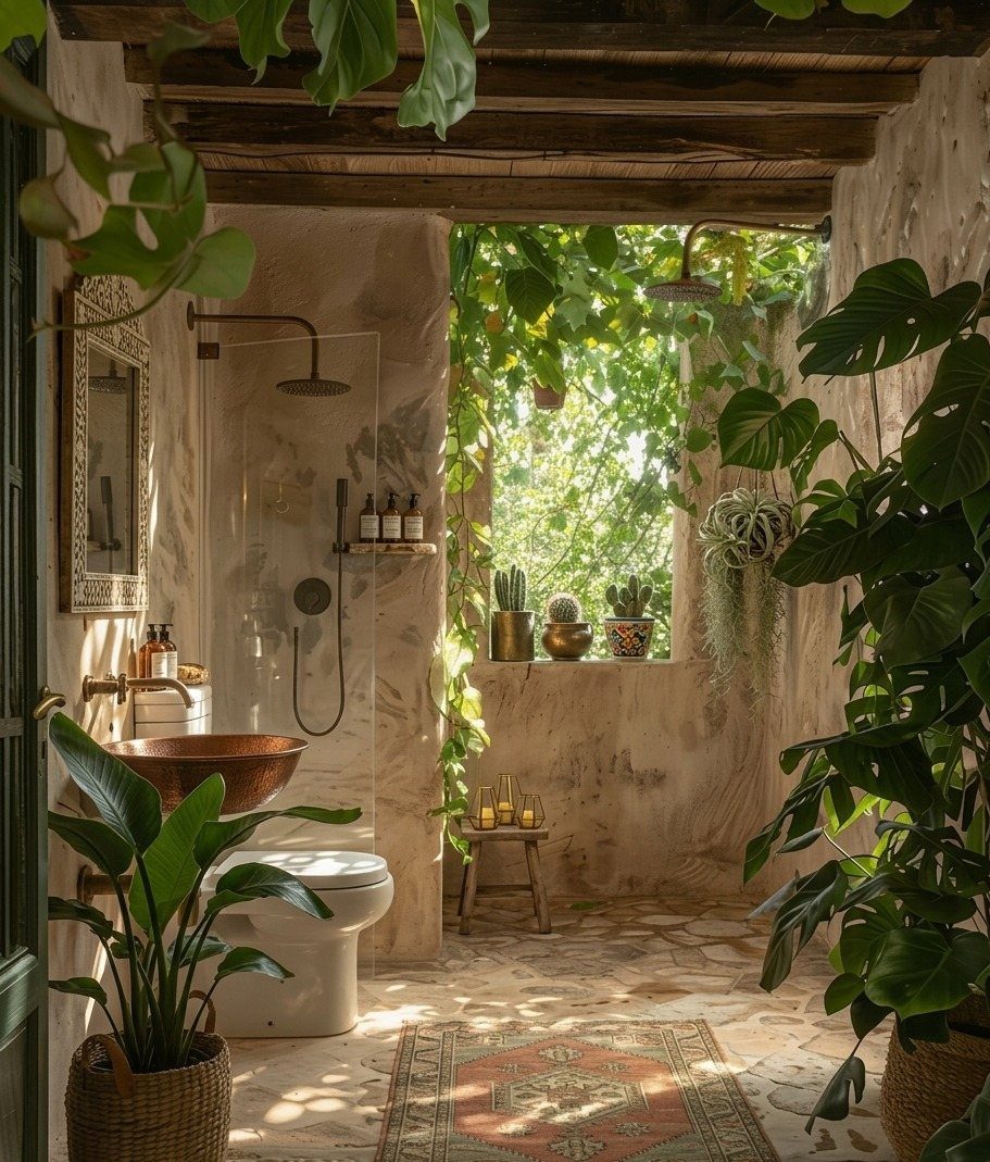 Stone tiled bathroom floor and textured walls surrounded by lush green indoor plants and sunlight.