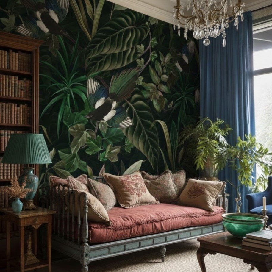 Botanical wallpaper with large green leaves and birds behind a vintage daybed and bookshelf.