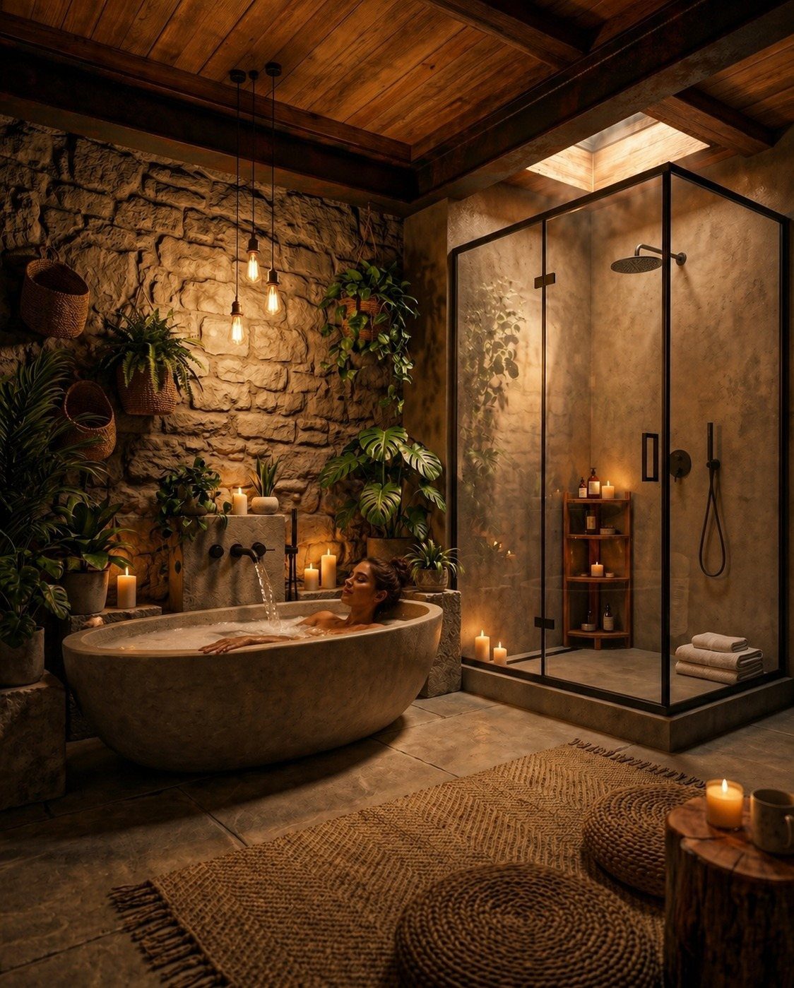 A person bathing in a stone tub surrounded by plants and warm candlelight.