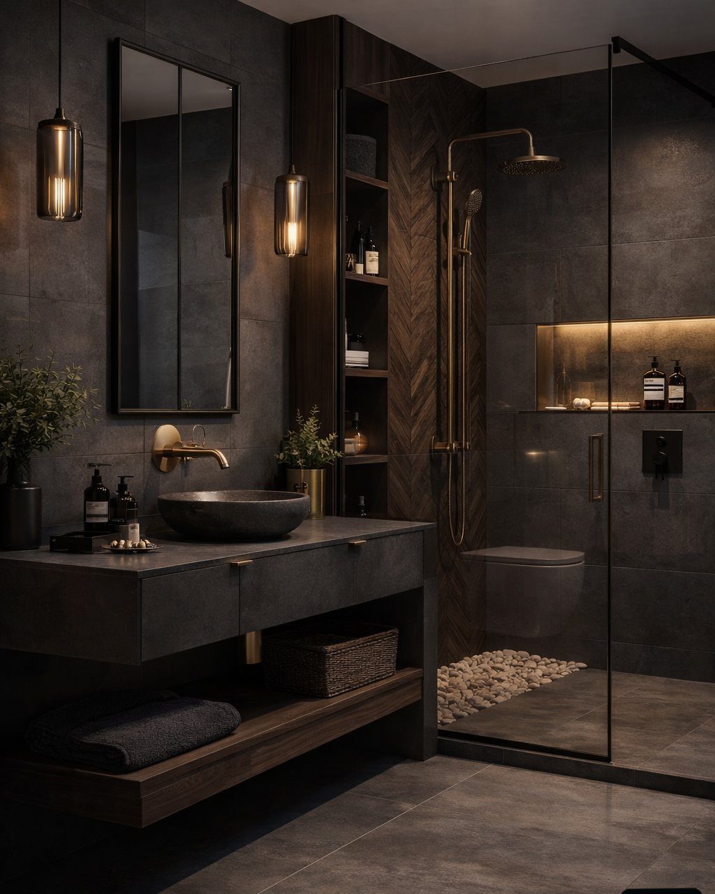 Dark charcoal stone tiles covering the walls and floor of a moody, modern bathroom.