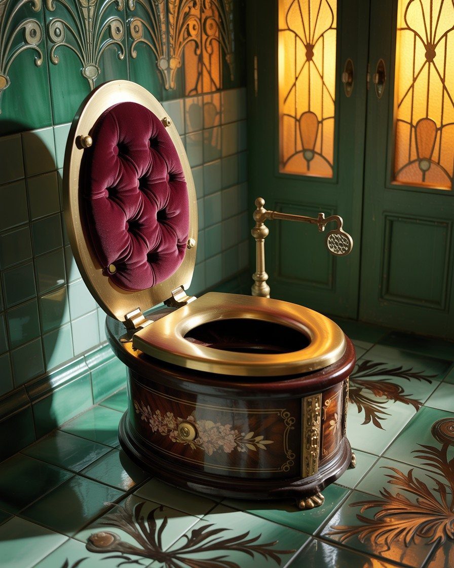 Ornate vintage toilet featuring a tufted purple velvet seat lid and brass accents in a green bathroom.