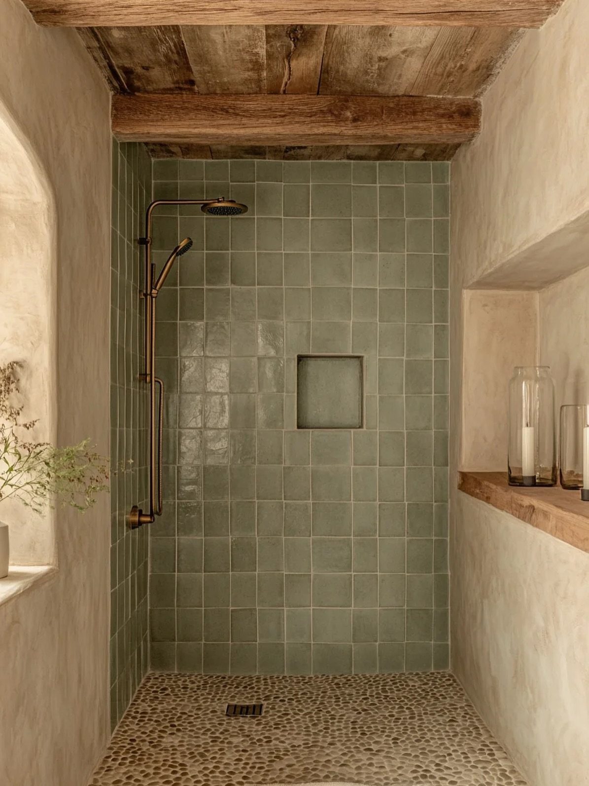A walk-in shower with sage green tiles, bronze fixtures, and a natural pebble stone floor.