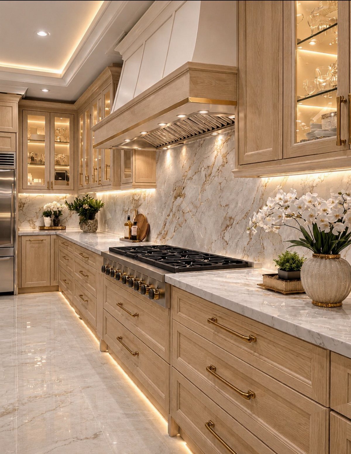 Light wood kitchen cabinets with white marble countertops and a matching marble backsplash.