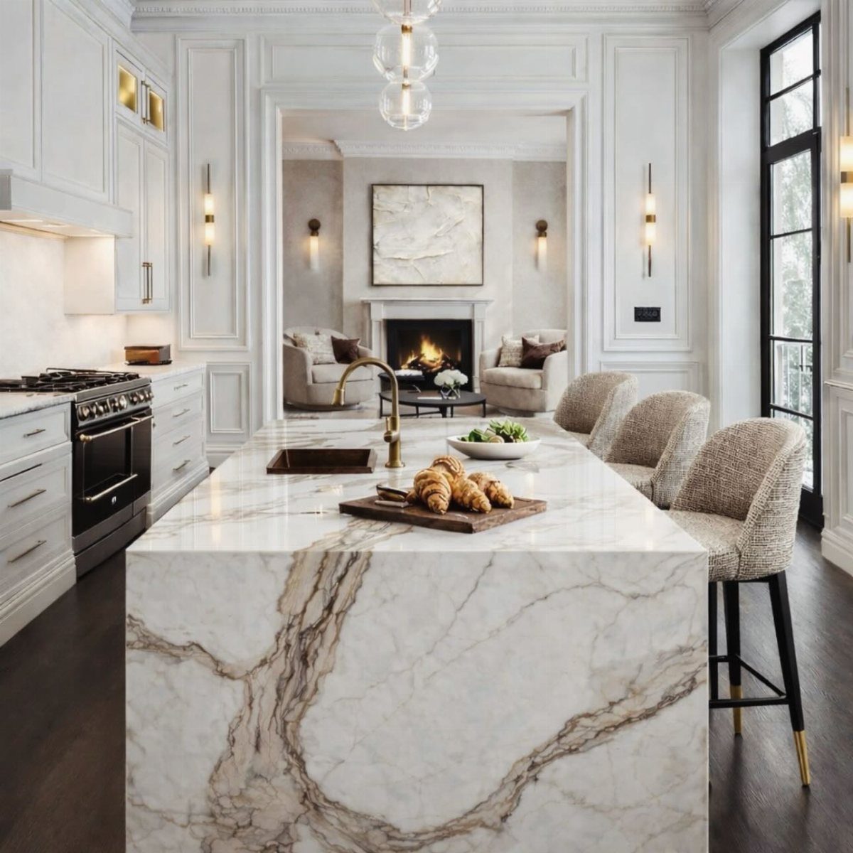 White marble kitchen island with gold veining, white cabinets, and beige bar stools.